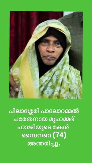 പിലാശ്ശേരി പാലോറമ്മൽ പരേതനായ മുഹമ്മദ് ഹാജിയുടെ മകൾ സൈനബ (74) അന്തരിച്ചു.